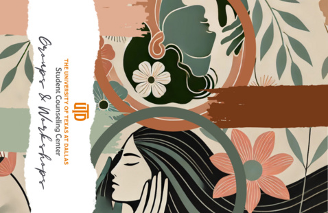 two heads in profile, position opposite each other surrounded by leaves and flowers in peaceful tones of peach, burgundy, and sage green