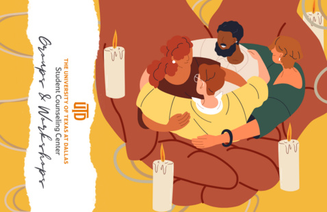 a group of people with arms around each other in a ring held in the palms of large hands, surrounded by lit candles, background of swirls against mustard yellow