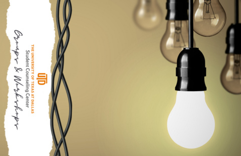 a brightly lit light bulb hangs from a cord in front of other unlit light bulbs against a yellowish brown background