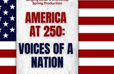 America at 250: Voices of a Nation text in red and blue on top of an image of the American flag.