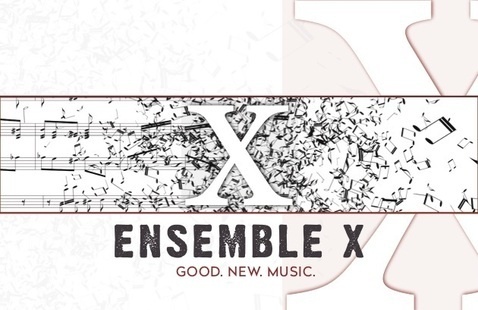 Graphic design featuring musical notation breaking apart around a large “X,” with the text “Ensemble X” and the tagline “Good. New. Music.” below, set on a light background.