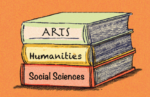 three books piled on top of each other, one labeled "Arts", the next labeled "Humanities", and the last labeled "Social Sciences"