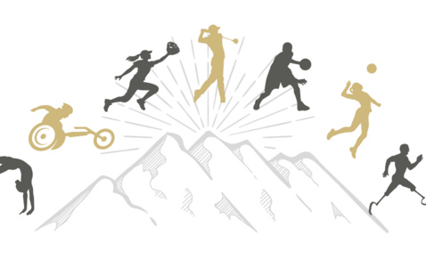 Graphic of mountains with array of athlete silhouettes in black and gold