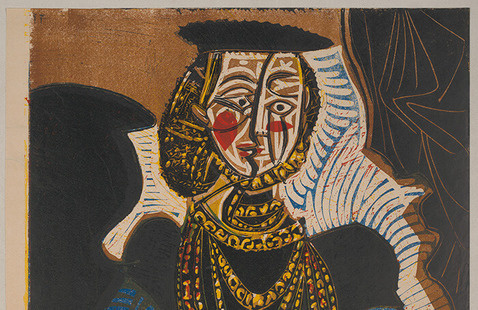 An abstract, Cubist print of a woman seated for a portrait.