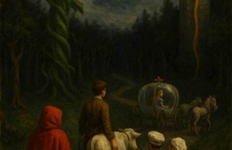 A dark, fairy-tale-style painting showing several people walking through a shadowy forest toward a carriage. A giant beanstalk rises on one side, and a tall tower with long golden hair hanging from it stands in the background.