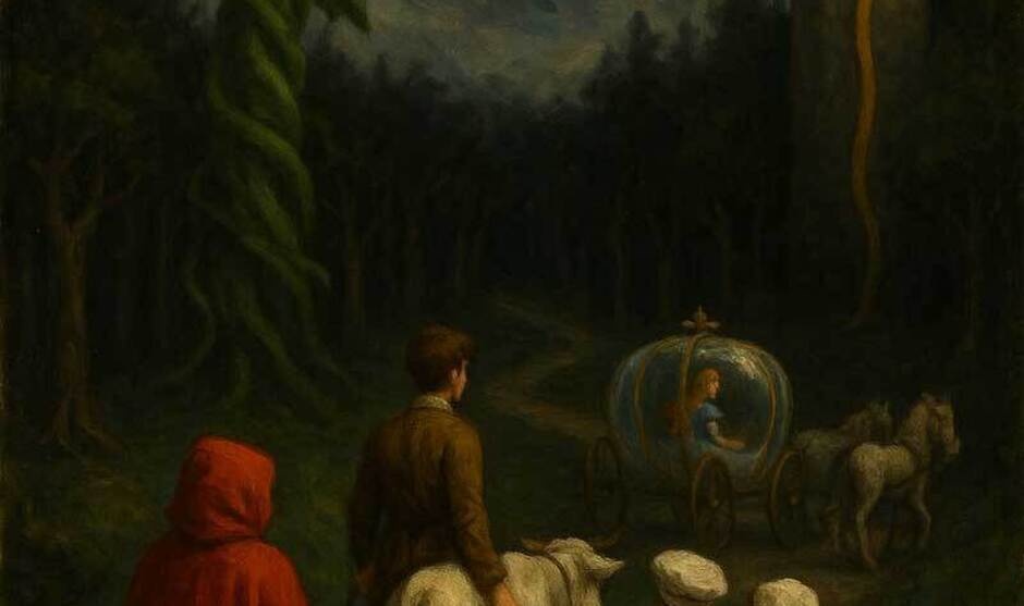 A dark, fairy-tale-style painting showing several people walking through a shadowy forest toward a carriage. A giant beanstalk rises on one side, and a tall tower with long golden hair hanging from it stands in the background.