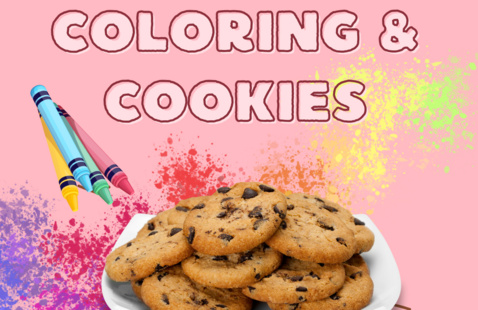 crayons and cookies on a plate with Coloring and Cookies at the top