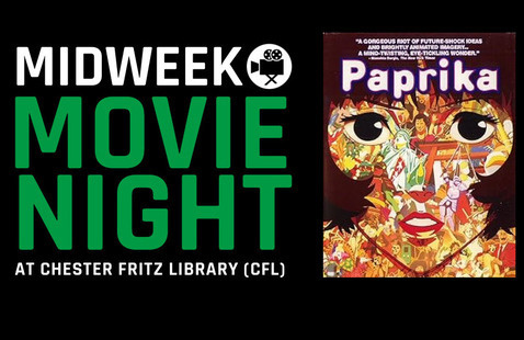 Paprika movie poster with text: midweek movie night at chester fritz library