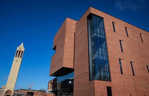 The Strauss Performing Arts Center with the Henningson Memorial Campanile in the distance.