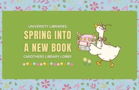 A goose carrying a stack of books surrounded by flowers.