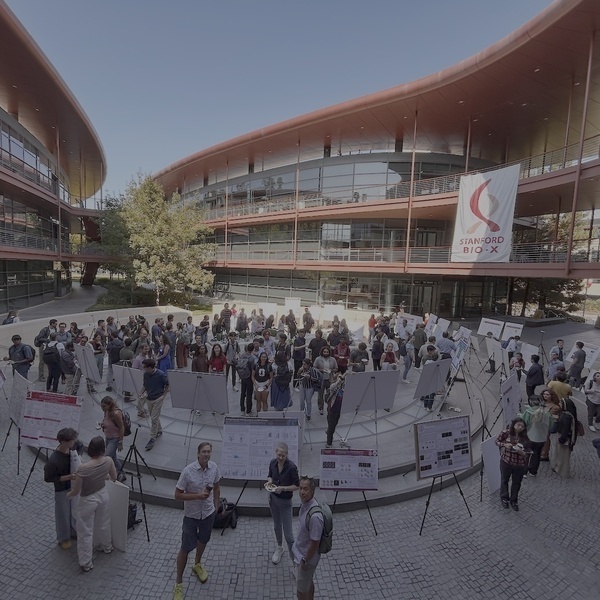 large group of people with poster boards interspersed in a large sunny courtyard with a large green tree in the back 