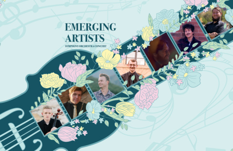 Emerging Artists Symphony Orchestra Concert. Photos of Zach Allred, Damian Cervantes, Brian Penny, Derek Wood, Luke McLaughlin, Dallin Nelson, and Max Torres are surrounded by flowers and a cello. 