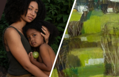 Image of two featered artworks in culture crops and rooted here exhibitions. Mother and child with tomatoe, abstract varied greens with white lines painting