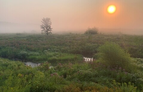 Sunrise at the overlook deck at Prophetstown SP, staff photo