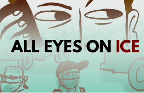 Illustration of person using phone with eyes glancing, text: All Eyes on ICE