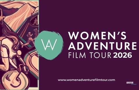 WAFT poster, purple background with pink painting of a bike and mountain range