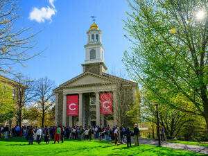 Students, faculty, guests gathering in front of Colgate Memorial Chapel after Awards Convocation