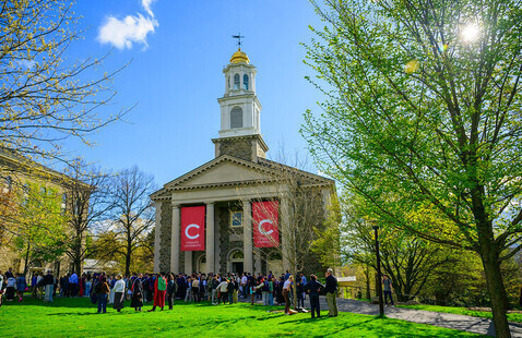 Students, faculty, guests gathering in front of Colgate Memorial Chapel after Awards Convocation