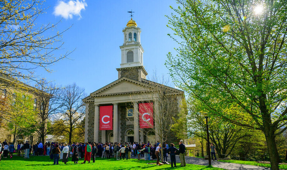 Students, faculty, guests gathering in front of Colgate Memorial Chapel after Awards Convocation