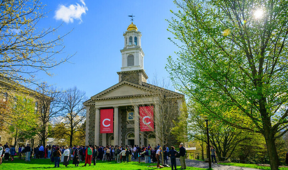 Students, faculty, guests gathering in front of Colgate Memorial Chapel after Awards Convocation