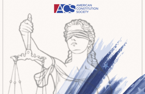 Illustration of blind justice statue with American Constitution Society logo