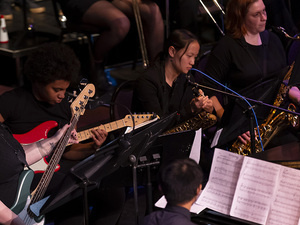 a previous MHC Jazz concert showing the piano player, bass and guitar players, and saxophone players