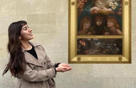 In this photomontage, a smiling young woman gestures toward a large gold-framed painting of young women and flowers in an almost celestial setting; in a section at the bottom, a reclining man stares up at them.
