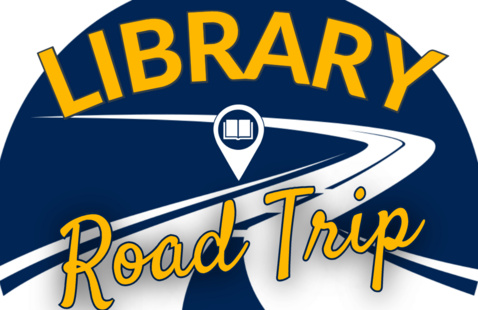 Logo for Library Road Trip Program (blue and white road with yellow lettering of "Library Road Trip")