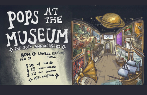 Illustration of paintings, a ship in a bottle, and other old items in a hallway, under the title "Pops at the Museum".