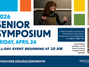 Promotional image for Senior Symposium with images of students presenting.
