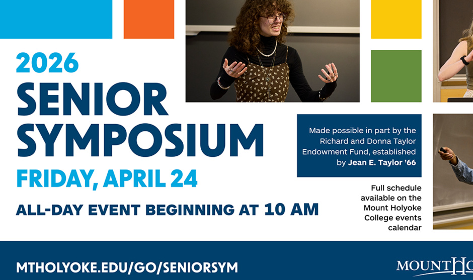 Promotional image for Senior Symposium with images of students presenting.