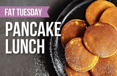 Pancakes stacked on plate with text: fat tuesday, pancake lunch