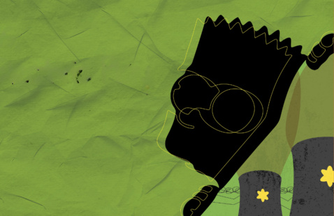 Decorative image of a boy looking across a green background with nuclear stacks next to him. Image for SUU's production of Mr. Burns, a post-electric play.