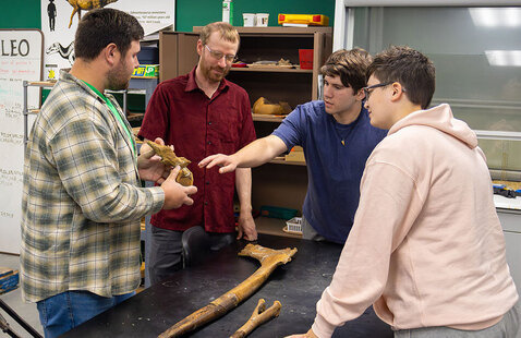 Three students and a paleontologist piece together dinosaur bones in a UND lab.