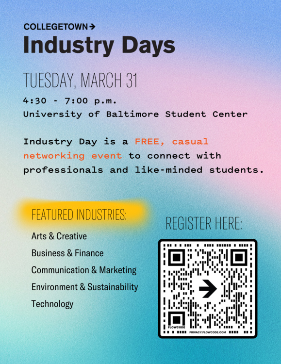 Mar 31, 2026: Collegetown Industry Day: Free Networking + Headshots at University of Baltimore Student Center thumbnail image