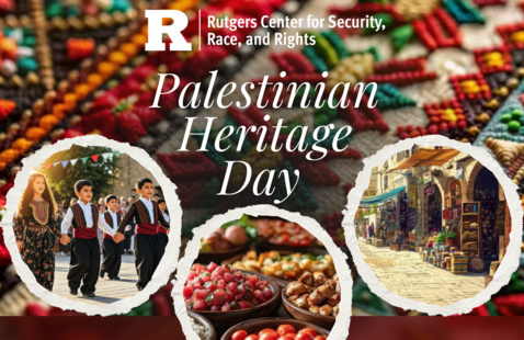 White text, Rutgers logo, background photo of textile, three smaller photos in three circles with white borders , one with o children holding hands, one of food and the last of a marketplace