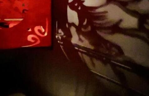 A partial view of a glowing red lantern that casts shadows of intricately cut designs, including a horse.