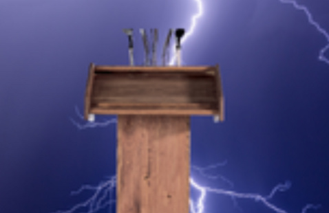 podium with lightning bolt image.