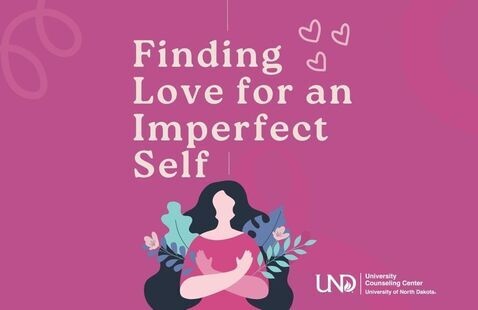 Illustration of person giving self-hug with text: finding love for an imperfect self