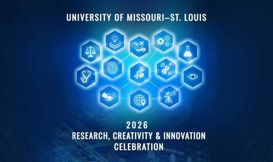 Event banner for the 2026 Research, Creativity, and Innovation Celebration at the University of Missouri–St. Louis, featuring a network of connected hexagonal nodes with icons.