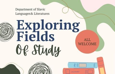 Stylized green and pink blotches and black swirls with stacks of colourful books and event logistical information.