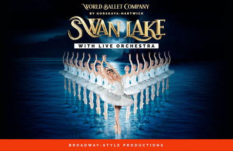 Dancers in v formation with text: World Ballet Company, by Gorskaya Hartwick, Swan Lake with live orchestra