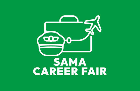 pilot hat and business suit case with text: SAMA Career Fair