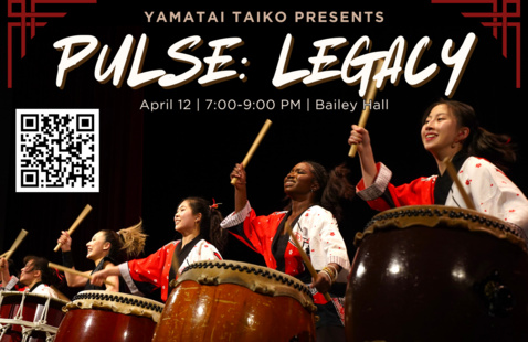 five taiko drummers in a line