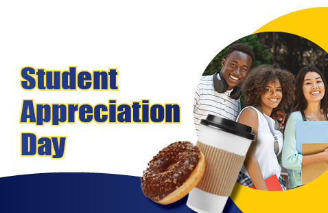 3 Students with coffee and a donut and a sandwich serif font reading "student appreciation day"