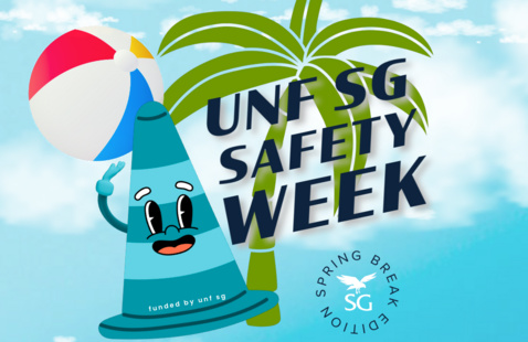 Cartoon flyer with blue safety cone, beachball, palm tree and title UNF Safety Week