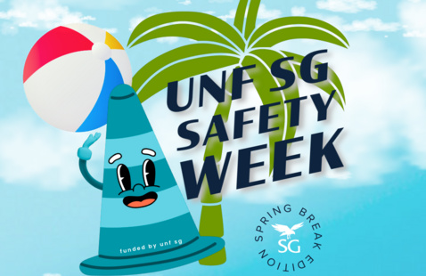 Cartoon flyer with blue safety cone, beachball, palm tree and title UNF Safety Week