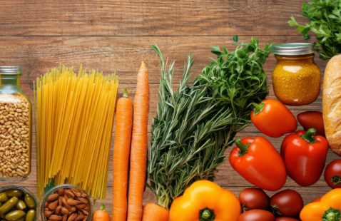Variety of Fruits and Vegetables, beans, and dry spaghetti noodles