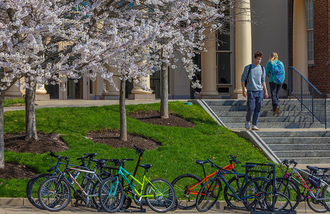 bicycles parked in bike racks in front of Armstrong Student center and several spring blooming trees