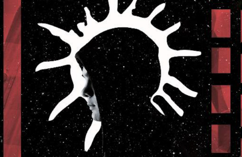 profile of young person with black hoodie, and a white splat image in background against black backdrop, surrounded by red frame